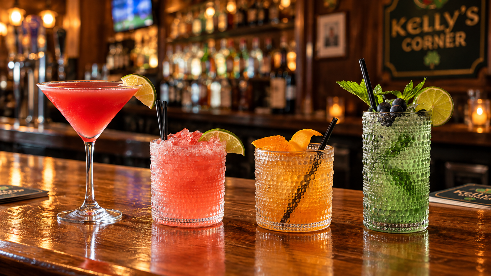 Four seasonal cocktails lined up on the bar at Kelly's Corner